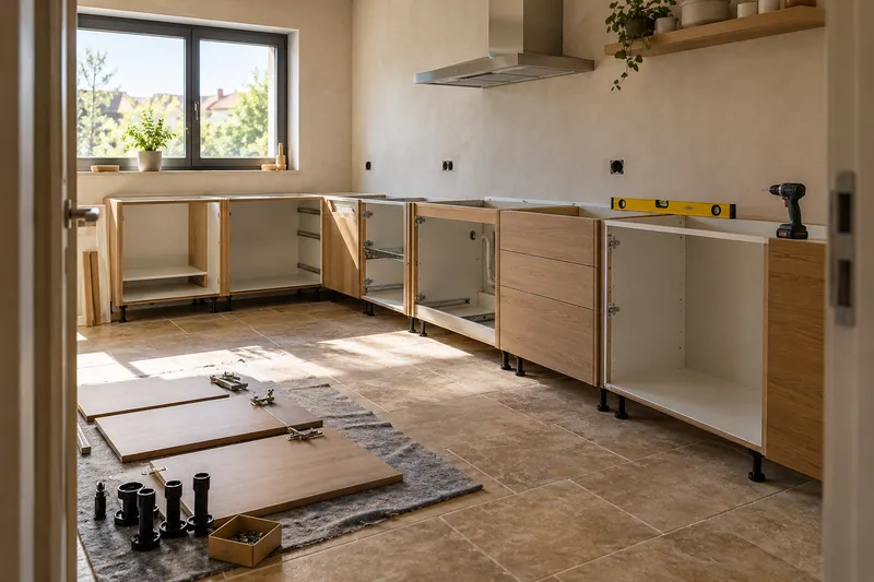 Visualización conceptual IA: Módulos de cocina en montaje con puertas pendientes de colocar.